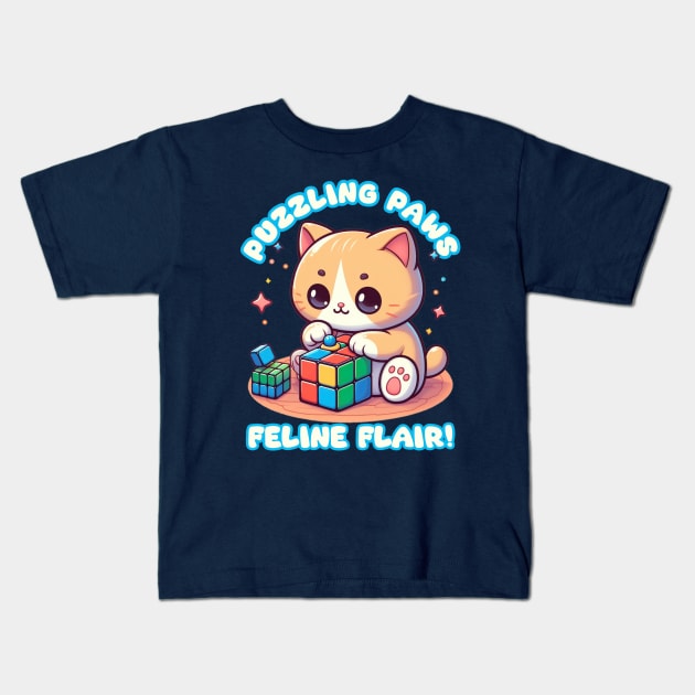 Puzzling paws feline flair Kids T-Shirt by AOAOCreation